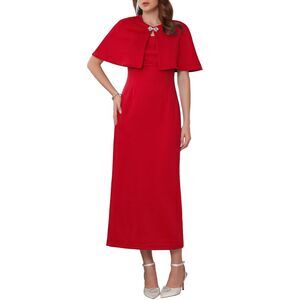 Women's 2 Piece Suit Sets Elegant Cocktail Sheath Dress with Cape Red